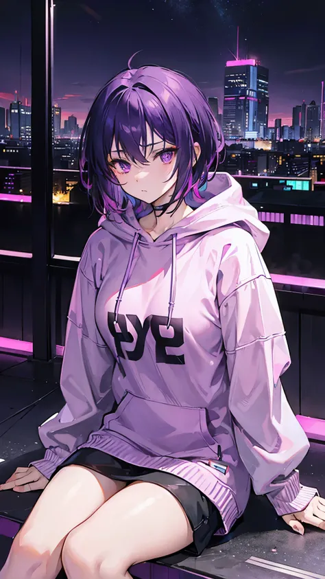 Purple short hair, purple eyes, hoodie, sitting on rooftop, looking down at city, cyberpunk teen, neon-lit streets, fading orange and pink sky, cool night air, stray plants in concrete, reflection, solitude, vast city skyline, shrouded in darkness, vibrant...