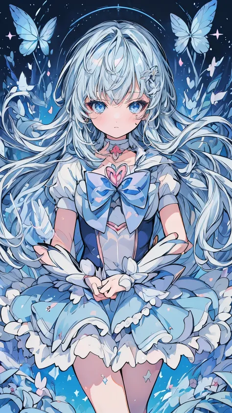 (Magical Girl 1:1.5)、Light blue magical girl、(Straight Long Hair)、Light blue ruffled skirt、Light blue ribbon、butterfly々、Lots of light blue flowers、Sparkling、lame、Glitter、White Feather、Dance