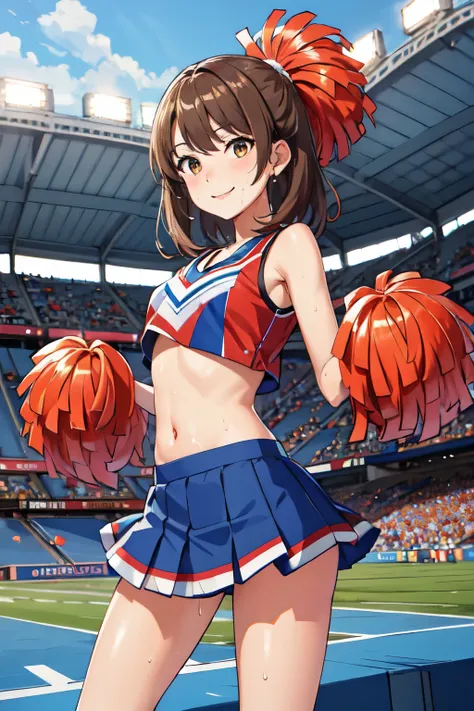 masterpiece, Best Quality, High resolution, Airoha, Medium Hair, Cheerleader, Pom-pom (Clothes), abdomen, mini skirt, Stadium, Standing, sweat, smile,Lift your legs