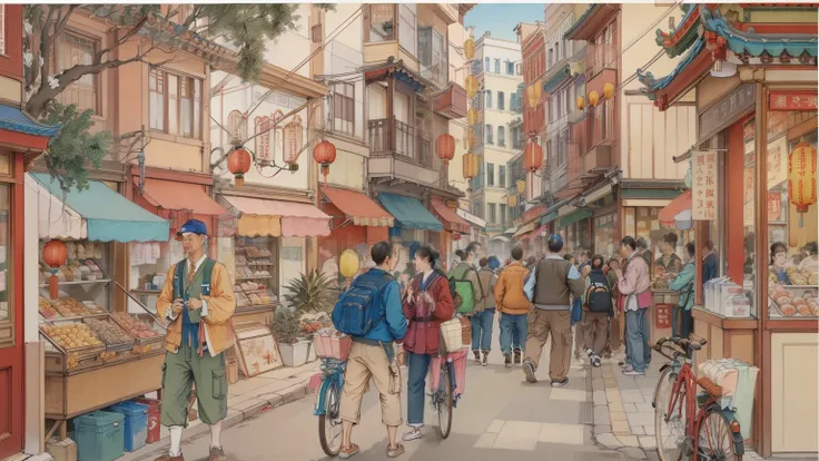 mobile people。Street vendors。The theme keywords are 500s neighborhood，architecture and masterpiece。Chinatown。This is an art painting with the theme of 80s neighborhood，Reflecting the colorful architectural style and street life scene。Busy street vendors an...