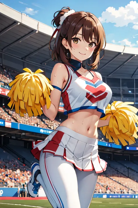 masterpiece, Best Quality, High resolution, Airoha, Medium Hair, Cheerleader, Pom-pom (Clothes), abdomen, mini skirt, Stadium, Standing, sweat, smile,Raise one leg,Big Breasts,Underwear is visible,White pants