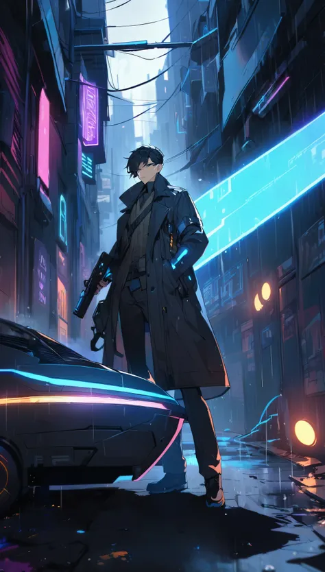 A male cyberpunk detective, clad in a dark trench coat with glowing blue circuitry along the seams, stands in a rain-soaked alley, holding a futuristic pistol. His left eye is a glowing blue cybernetic implant, scanning the environment. The alley is filled...