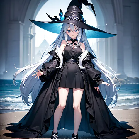 Dark Beach on a rainy morning、One Wizard lady Standing、Black coat、white t-shirts、a black skirt、white hair with a green mesh、Blue eyes with highlights、Looking at me with a fleeting expression、Extra Large witch hat with sapphire accessories、Black sneakers wi...