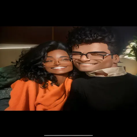 Create a 3D Pixar-style image of a couple: Man with fair skin, Short black hair, rectangular glasses and a wide smile. Woman with dark skin, long curly hair and glasses. both smiling, with soft and proportional facial features, keeping human features. Cozy...