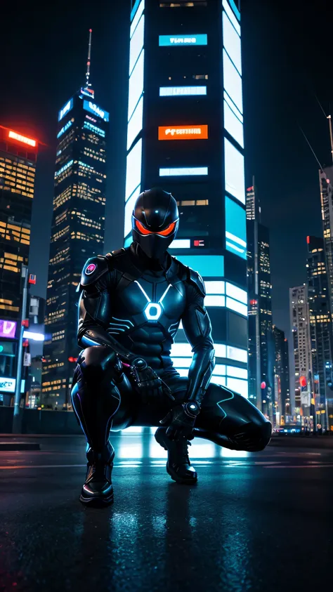 A cyber-enhanced ninja crouches on the edge of a futuristic building, silhouetted against the backdrop of a glowing city skyline. His sleek black suit is lined with glowing blue neon accents, and his eyes are hidden behind a dark visor. His right arm is a ...