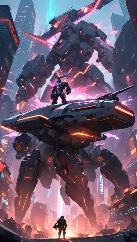 A male rebel leader, heavily cybernetically enhanced, stands atop a massive hover tank, his cybernetic arm raised in a gesture of defiance. His armor is sleek, with black and red neon lines pulsing with energy. In the distance, a cyberpunk city burns, with...