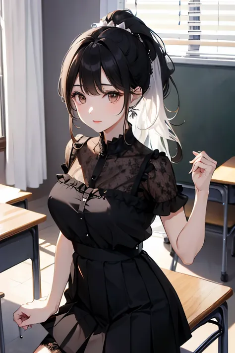 best quality, highres,Slender、Brown eyes、tall、Black Hair、ponytail、Straight Hair、School、classroom、Black Skirt、Black lace camisole
