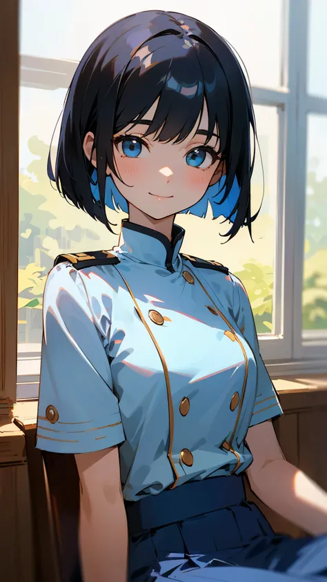 1 girl、Shiny black hair、Short Bob Cut、Calm and composed expression、A delicate portrait、Student Uniform、Sitting、Upper body close-up、smile、Blue Skirt、indoor