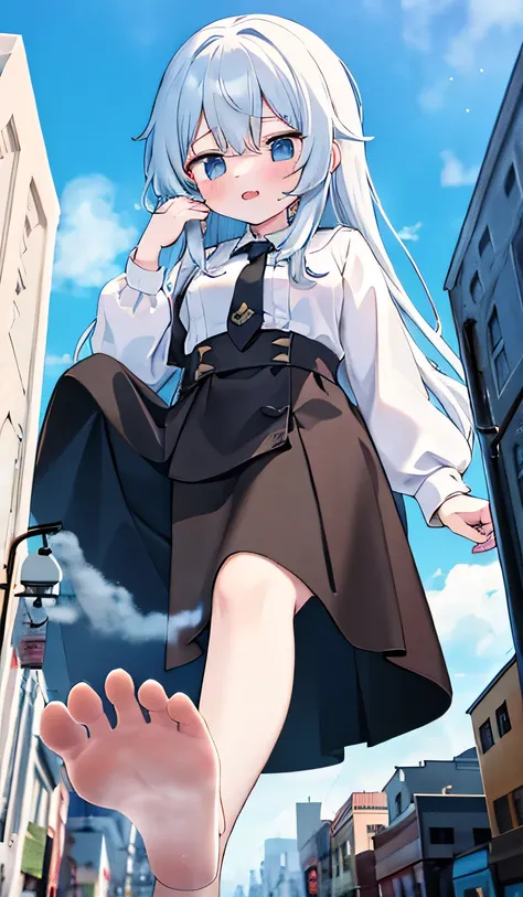 one girl, very young, Telegraph slang, estimated 3km tall, bigger than skyscraper, no shoes, no socks, barefoot, white shirt and white jacket, gold tie, silver hair, golden eyes, long hair, stomping city and crowd, embarrassed expression, destroyed city, s...