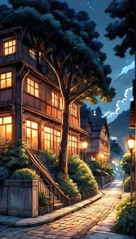 A night scene of an Italian style house next to the intersection of three roads, a bycycle is parked attached with the belcuny of the house, opposite side of the house there is tree covering the street, and a Red road light is set at the middle of the road...