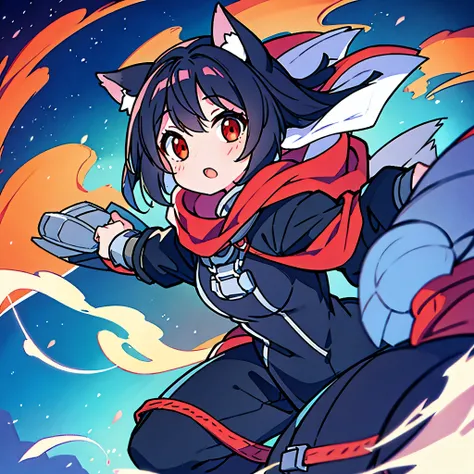 One girl, High resolution, Black Hair, Red eyes, tooth, Character profile, Wolf Ears, Animal Ears, Landscape view, Illustration, anime, 