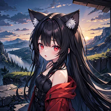 One girl, High resolution, Black Hair, Red eyes, tooth, Character profile, Wolf Ears, Animal Ears, Landscape view, Illustration, anime, 