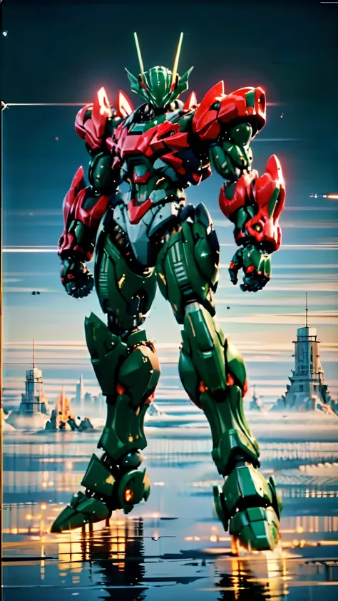 (masterpiece:1.5, best quality:1.5, extremely delicate:1.5), (male:1.5), humanoid Mecha, fully enclosed shoulder guards, matching arm and leg guards, full body, full armor, the design balances heavy with agility, (the color scheme is primarily Red with Whi...