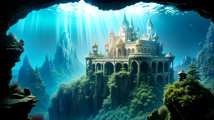 original photo of the castle, cave, the forest, sea蜇, swim, below, sea