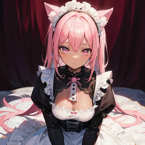 anime,chocolate dark-skinned female,pink cat ears wearing a maid outfit, Eye color is red ,Background inside the mansion,The composition is stylish. A close-up, low-angle view of a young maid kneeling on the floor, looking directly into the camera with a s...