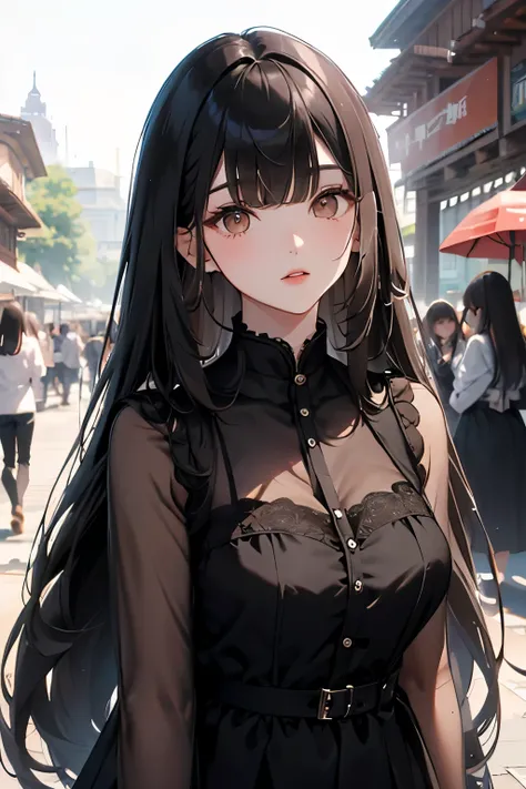 best quality, highres,Slender、Brown eyes、tall、Black Hair、(Long Hair:1.3),(Straight Hair:1.3)、(Bangs:1.3)、7th life、Looking up、Thick lower eyelashes、Black dress at the races
