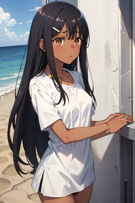 1girl, nagatoro hayase, brown eyes, black hair, bangs, long hair, dark skin, small breasts, hairclip, tanline, blue swimsuit, swimsuit, SWIMSUIT, BODY TANLINE, TANLINE, tanline, no clothes, no cloth.