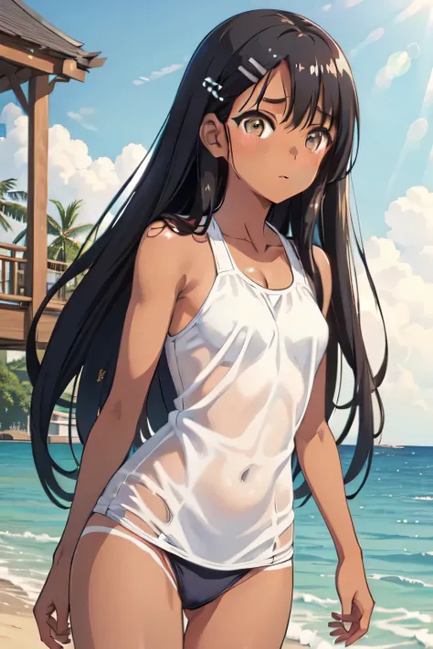 1girl, nagatoro hayase, brown eyes, black hair, bangs, long hair, dark skin, small breasts, hairclip, tanline, blue swimsuit, swimsuit, SWIMSUIT, BODY TANLINE, TANLINE, tanline, no clothes, no cloth.