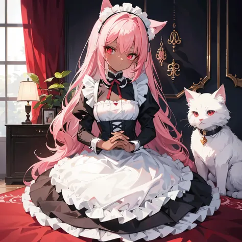 anime,chocolate dark-skinned female 1 girl, long pink hair, bright red eyes, slim figure, petite chest,,cat ears wearing a maid outfit, Eye color is red ,Background inside the mansion,The composition is stylish. A close-up, low-angle view of a young maid k...