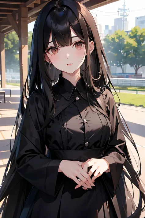 best quality, highres,Slender、Brown eyes、tall、Black Hair、(Long Hair:1.3),(Straight Hair:1.3)、(Bangs:1.3)、7th life、Looking up、Thick lower eyelashes、Black dress at the races
