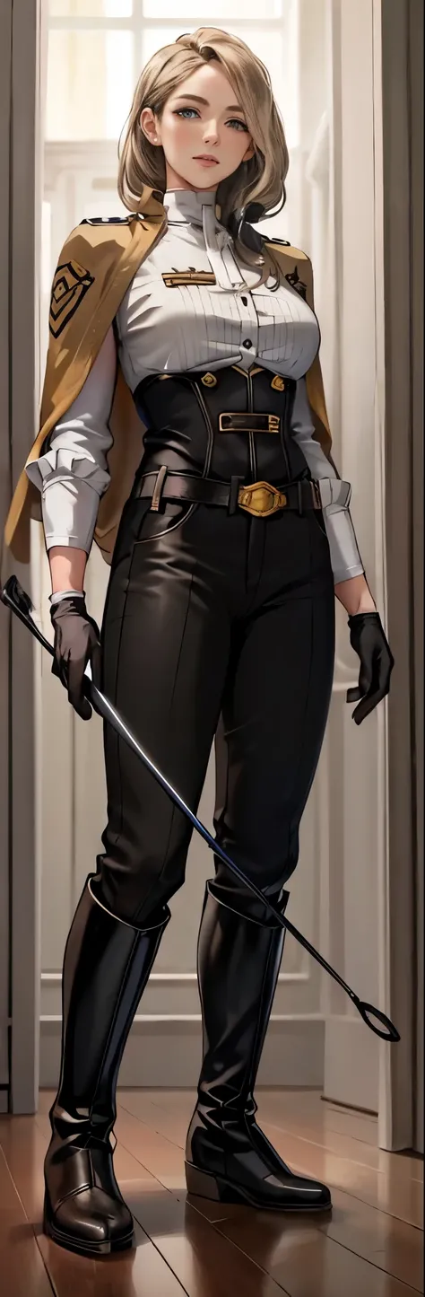 Mature female, adult, milf, mature, 30 years old, woman ((solo)),(1girl),standing, full body, authority, queen, leather outfit, dominant, (muscular), long sleeves, double-breasted, (holding riding crop:1.2), (black knee-high boots:1.4), (uniform pants:1.2)...
