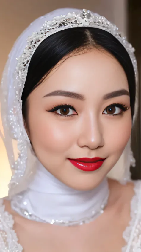 ((Realistic lighting, Best quality, 8K, Masterpiece: 1.3)), Clear focus: 1.2, 1 indonesian hijab girl, lolita , Perfect close up, beauty nude, naked, (white hijab, medium saggy breasts: 1.3), lace material, (indoor, night: 1.1), porn studio background, Su...