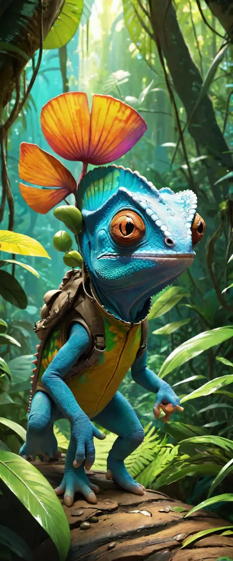 cute cool chameleon adventurer walk in wild colorfully jungle, oversaturated, by jean-baptiste monge, gilles beloeil, tyler edli...