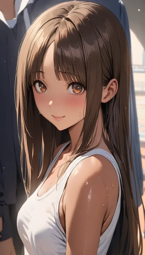 ((masterpiece,best quality anime:1.3,Best Quality)),realistic,close up of face,portrait,1woman,young adult,(center parted bangs),dark brown hair,straight long hair,((very small head:1.3)),brown eyes,(gorgeous big eyes),smile,((very long body,tan skin)),med...