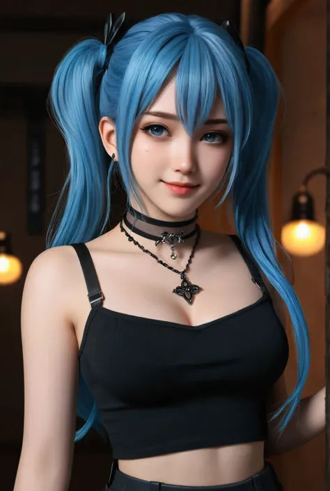 Create a illustration of an aesthetic anime woman. 1girl ((wallpaper 1.2)) ((hyper realistic 1.3)) ((masterpiece 1.2)) long hair, long blue hair, long pigtails, long eyelashes, black eyeliner, black eyeshadow, beautiful blue eyes, gothic style, goth aesthe...