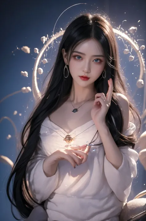  Fire Black hair and a pendant on the hair White shirt with the word GODDESS written on it ，bail_Particles,bail_Wire,光Wire,Light Particles,A girl made of Particles,The density of Wire at the finger part is high,(White hair:0.3)