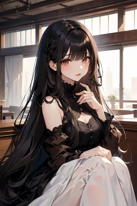 best quality, highres,Slender、Brown eyes、tall、Black Hair、(Long Hair:1.3),(Straight Hair:1.3)、(Bangs:1.3)、7th life、Looking up、Thick lower eyelashes、Black lace dress
