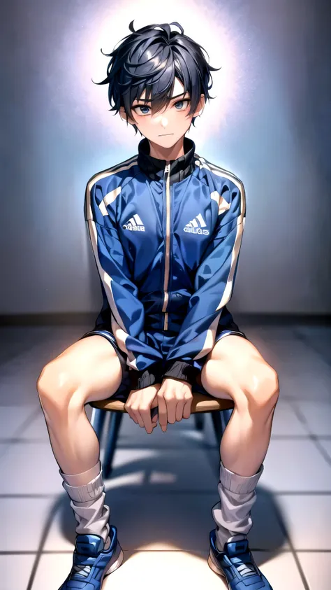 ((One Boy)),((Fem Boy)),((crossdresser)),Black Short Hair,Slender body,((full body)),((Flat Chest)),sleepy,dissatisfaction,Irritation, sitting on the chair,A fem boy is taking a picture of herself in the mirror, Cute Sportswear, Wearing school soccer unifo...