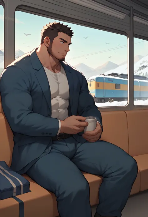 Two men are on an express train, sitting in train seats and looking out the window at the snowy scenery. The man is a Japanese man in his 30s with short, hairy, muscular body.