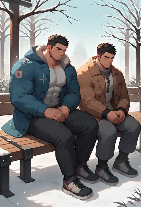 Two men are sitting on a bench on the station platform. The man is a Japanese man in his 30s with short black hair, black eyes, hairy and muscular, wearing winter clothes. The surroundings are covered in snow.