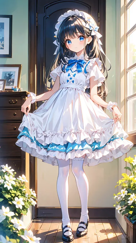 (masterpiece, best quality), 1girl, blue and white frill dress, (white stockings), cute face, standing, indoor, intricate detail...