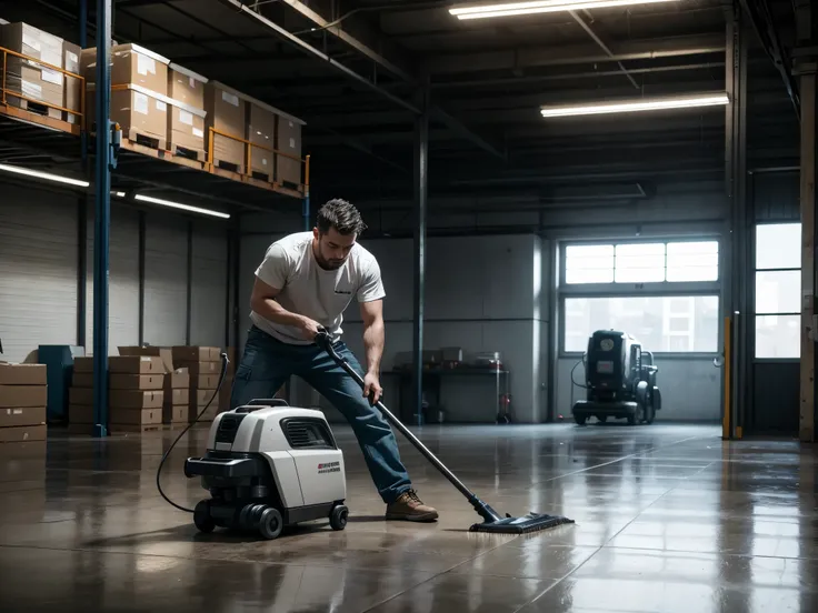 a man cleaning the floor with a floor cleaning machine, warehouse, detailed realistic 3d render, 8k, high resolution, ultra detailed, photorealistic, studio lighting, cinematic, dramatic lighting, industrial interior, concrete floor, metal shelving, fluore...