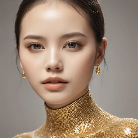 young woman with a silica matrix body texture, embellished with crystal gold hues, face close-up, high end skin retouching, Hyperrealism in portrate