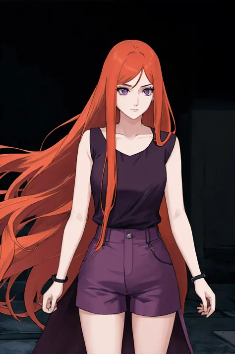 with long, loose orange hair, purple eyes, wearing black shorts and a purple blouse, estilo anime