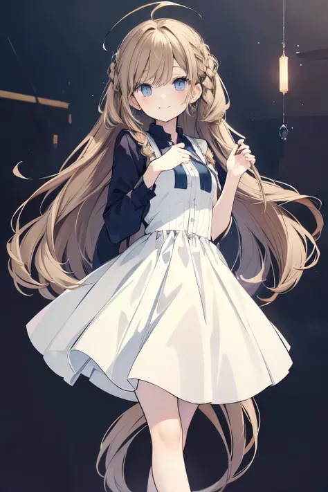 High resolution, Best Quality, masterpiece, Ultra-precision,Character Portrait,One girl, solo,adult,Look at, Beautiful Face,((Light brown hair)),Ahoge,Straight bangs, Hair blowing in the wind, Hair behind ears,Braids,Long Hair ((Dark blue eyes)),Fine slant...