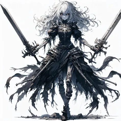 (Masterpiece, top quality), (fine hair), ultra detailed, anime like illustration style, solo, fantasy undead wight fighter girl, white shaggy hair and calcified blind eyes, pale skin and mummified flesh! she is held both hands as twin swords, wearing ragge...