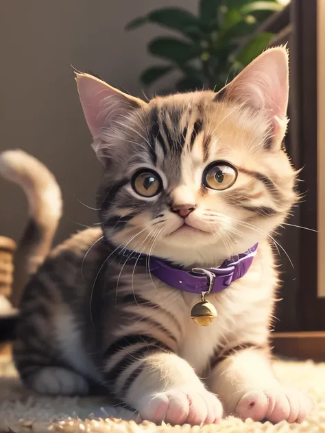 playful expression, short fur, light cream body with dark brown face, ears, and paws, purple collar with silver bell, relaxed pose, sitting upright, looking directly at camera, focused gaze, smooth and healthy fur, indoor carpeted environment, soft lightin...