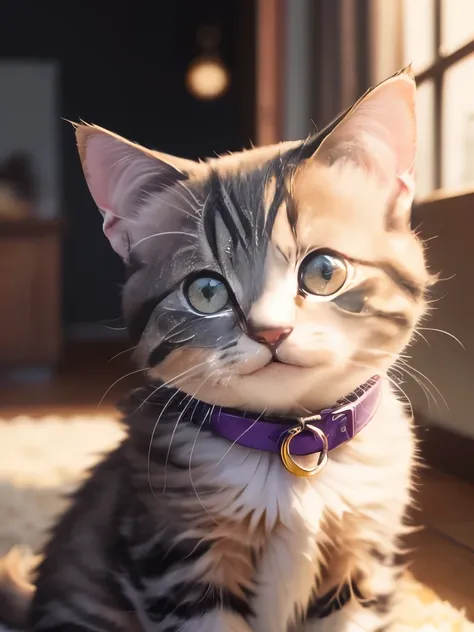 playful expression, short fur, light cream body with dark brown face, ears, and paws, purple collar with silver bell, relaxed pose, sitting upright, looking directly at camera, focused gaze, smooth and healthy fur, indoor carpeted environment, soft lightin...