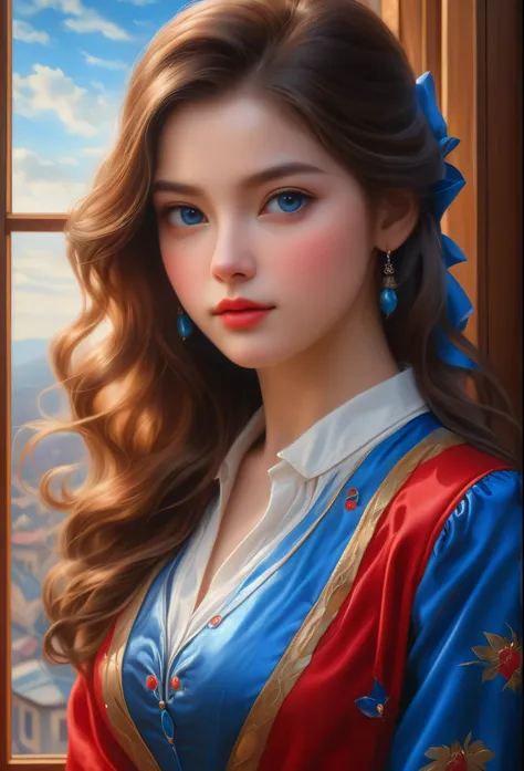 (best quality, 4K, 8 k, high resolution, masterpiece: 1.2), (super detailed, Realistic, Photorealistic:1.37)Charming young girl, donning a vibrant ensemble of red and blue, stands in front of the window with a spirit of firmness and determination. Her char...