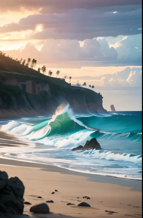 there is a view of a beach with rocks and a surfboard, magical beach, by Tom Wänerstrand, by Carlo Maderna, moody setting, mesmerizing, clouds and waves, cliff side at dusk, by Carlo Martini, by Giorgio Cavallon, by Matteo Pérez, by Bernardo Cavallino, by ...