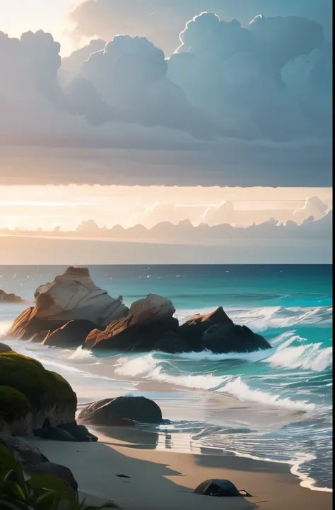 gentle waves, sandy beach, rocky shoreline, towering cliffs, lush greenery, scattered boulders, overcast sky, soft clouds, serene atmosphere, natural lighting, coastal scenery, panoramic view, tranquil beach setting, untouched nature, early evening light, ...