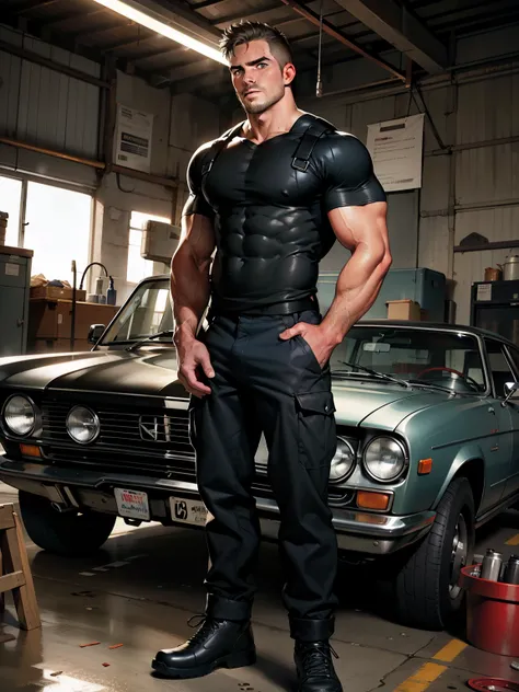 masterpiece, best quality, face, natural eyes,mature man, muscled and mature, stephen amell as a mechanic wearing uniform, mechanic, sweating, tight cloth, naked, full body