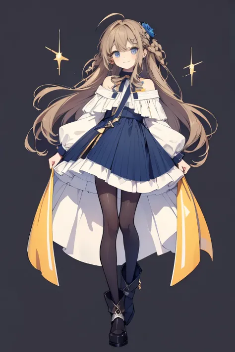 High resolution, Best Quality, masterpiece, Ultra-precision,Full body portrait,Character Portrait,One girl, solo,adult,Look at, Beautiful Face,((Light brown hair)),Ahoge,Straight bangs, Hair blowing in the wind, Hair behind ears,Braids,Long Hair ((Dark blu...