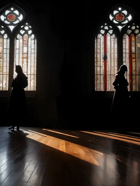 silhouettes, serious expressions, characters with long and horned headpieces, shadowy lighting, large gothic windows, 2 characters indoors, dark wood floors, ornate bedroom, dimly lit room, backlit through windows, strong contrast, solemn atmosphere, low a...