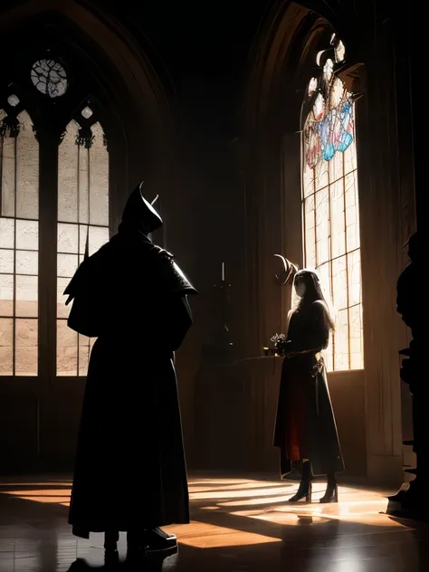 silhouettes, serious expressions, characters with long and horned headpieces, shadowy lighting, large gothic windows, 2 characters indoors, dark wood floors, ornate bedroom, dimly lit room, backlit through windows, strong contrast, solemn atmosphere, low a...