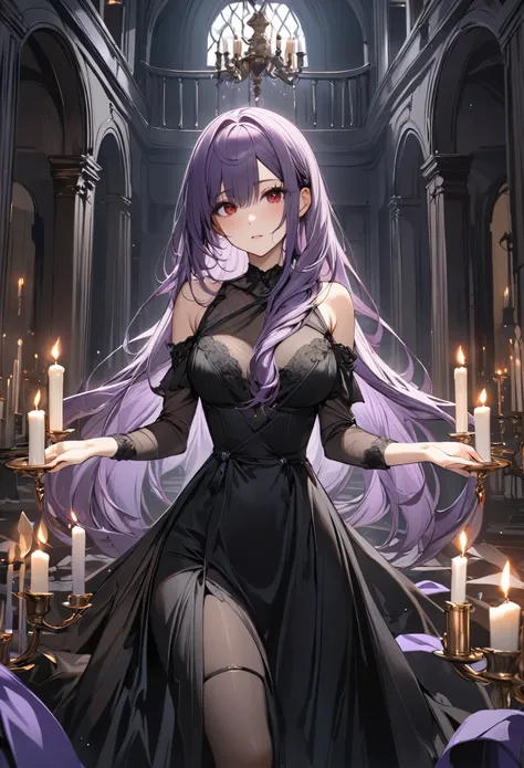 (masterpiece, Best Quality), One girl, Hair color purple，I have long hair，Dark Mansion，candle，Black Dress，Red eyes，Reach out here，